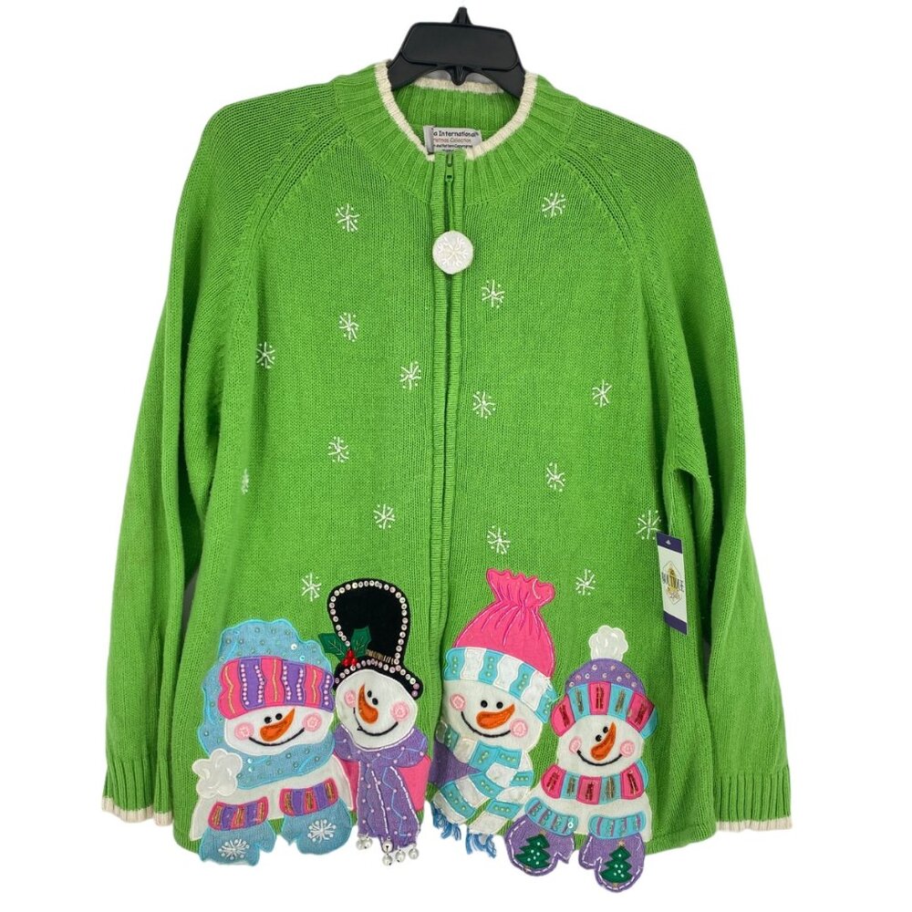 Tiara International Xmas Sweater 26/28 Green Zip Front Snowmen Cozy Holiday Wear - Picture 13 of 13